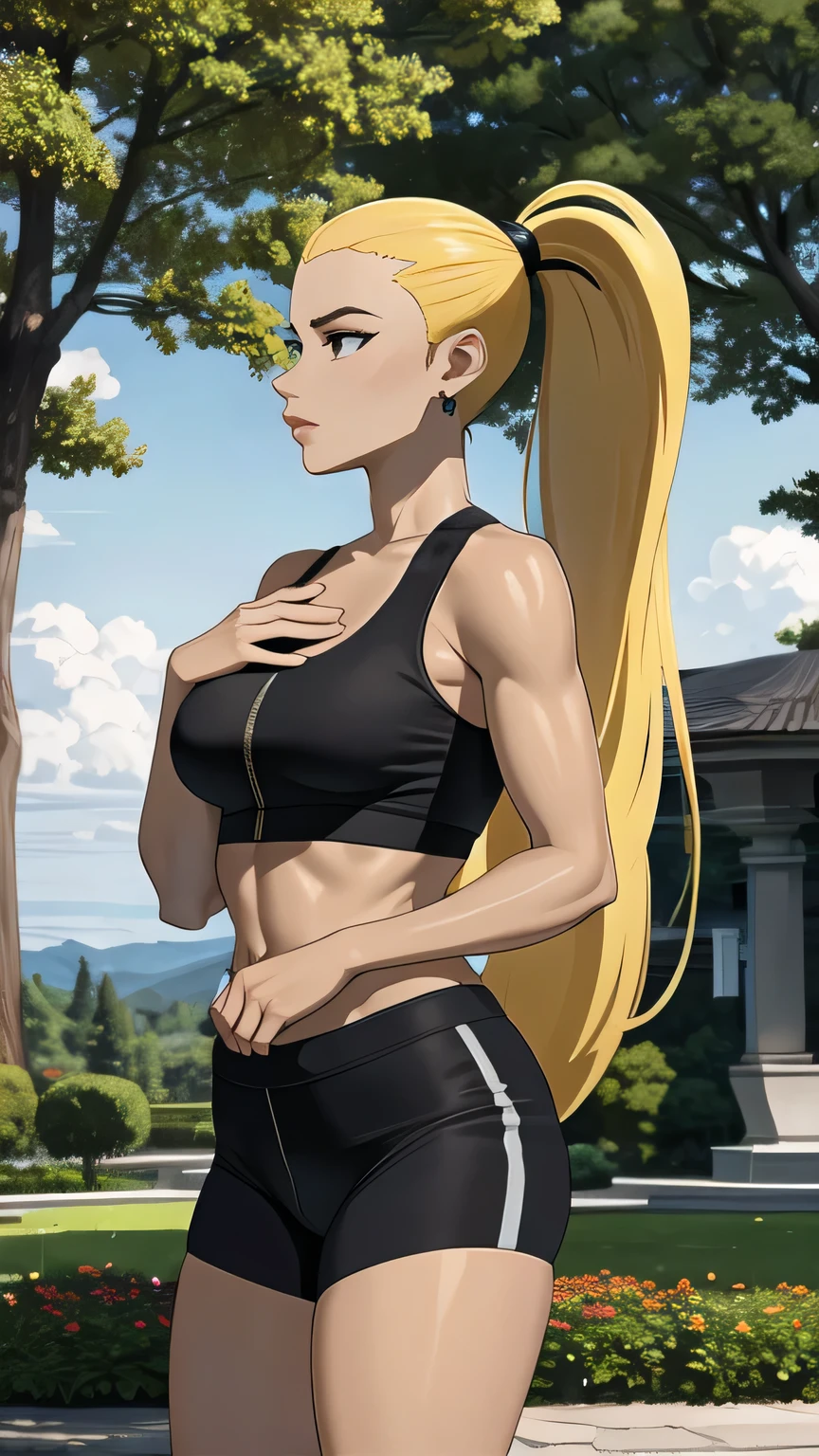 (cowboy shot), (masterpiece, best_quality, detailed, immaculate:1.3), epic, illustration,
BREAK
ArtemisYJ, ponytail,super long hair,
(Black sports bra ),short,medium breast,earrings,(nike),jacket around waist
BREAK
(courtyard, garden, outdoors, gorgeous view)