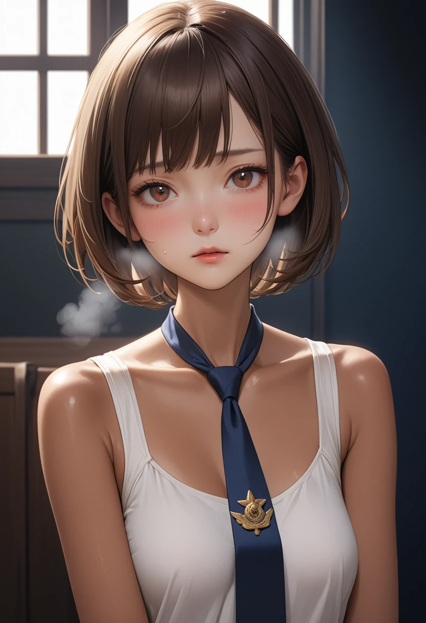 (masterpiece,Highest quality:1.3,best quality illustration),realistic,cowboy shot,1woman,30 year old Japanese beauty,Female officer of the Navy、((very small head:1.4)),short bob hair,brown hair,bangs,brown eyes,gorgeous eyes,shy,Heavy breathing,((Dark blue blazer jacket、White Shirt、Blue tie、Navy blue mini skirt、black thighhighs)),navy uniform,small breasts,((very long body:1.4,tan skin:1.3)),(toned body,slender body,skinny),gleaming skin,shiny skin,sweat:1.2,standing,sitting,Simple bedroom、Simple bed、