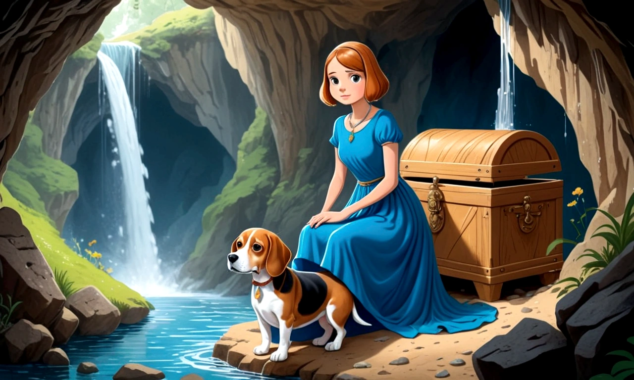 Illustrate her in a blue dress and a beagle entering a cave hidden behind a waterfall. inside a cave, there is a wooden chest decorated with precious stones.