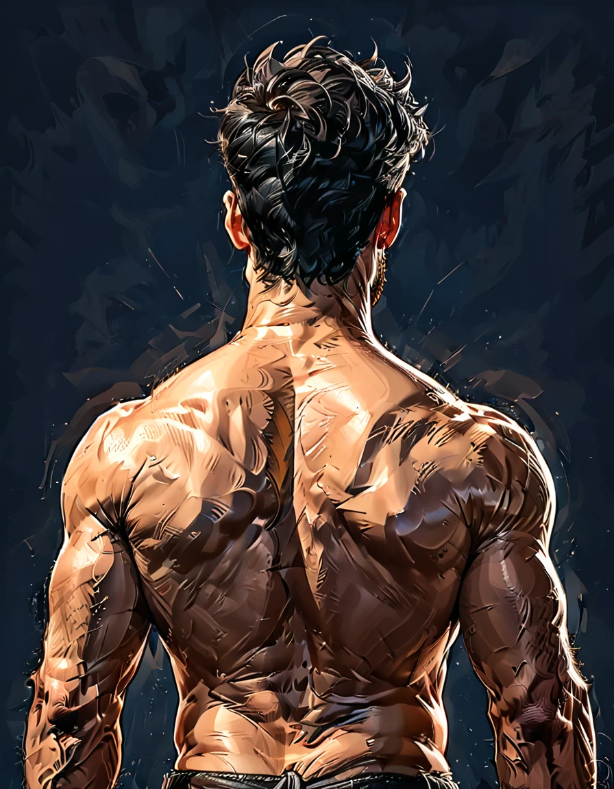 dark blue background, ((back view)),  close-up,
((Man from the back)), Adult, Italian, Mesomorph Muscular body, perfect Olive skin, short Muscular neck, Rectangle faces, broad Muscular shoulders, Attached  Cupped Symmetrical Ears,  black short combed back hair, Fleshy nose, Bold Tapered black Eyebrows,  triangular Chin, brown Upturned eyes, Thin nude Lips, Designer Stubble black whiskers, triangular black hair beard, big muscles,       graphic style of novel comics, 2d, 8k, hyperrealism, masterpiece, high resolution, best quality, ultra-detailed, super realistic, Hyperrealistic art, high-quality, ultra high res, highest detailed, lot of details, Extremely high-resolution details, incredibly lifelike, colourful, soft cinematic light,