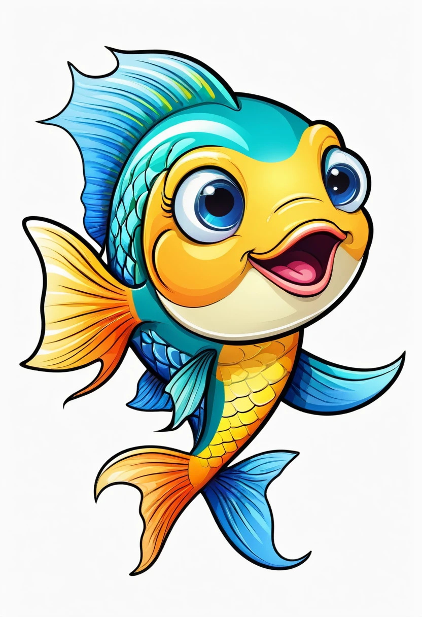 happy colored fish, Cartoon style, outline, vector, white background