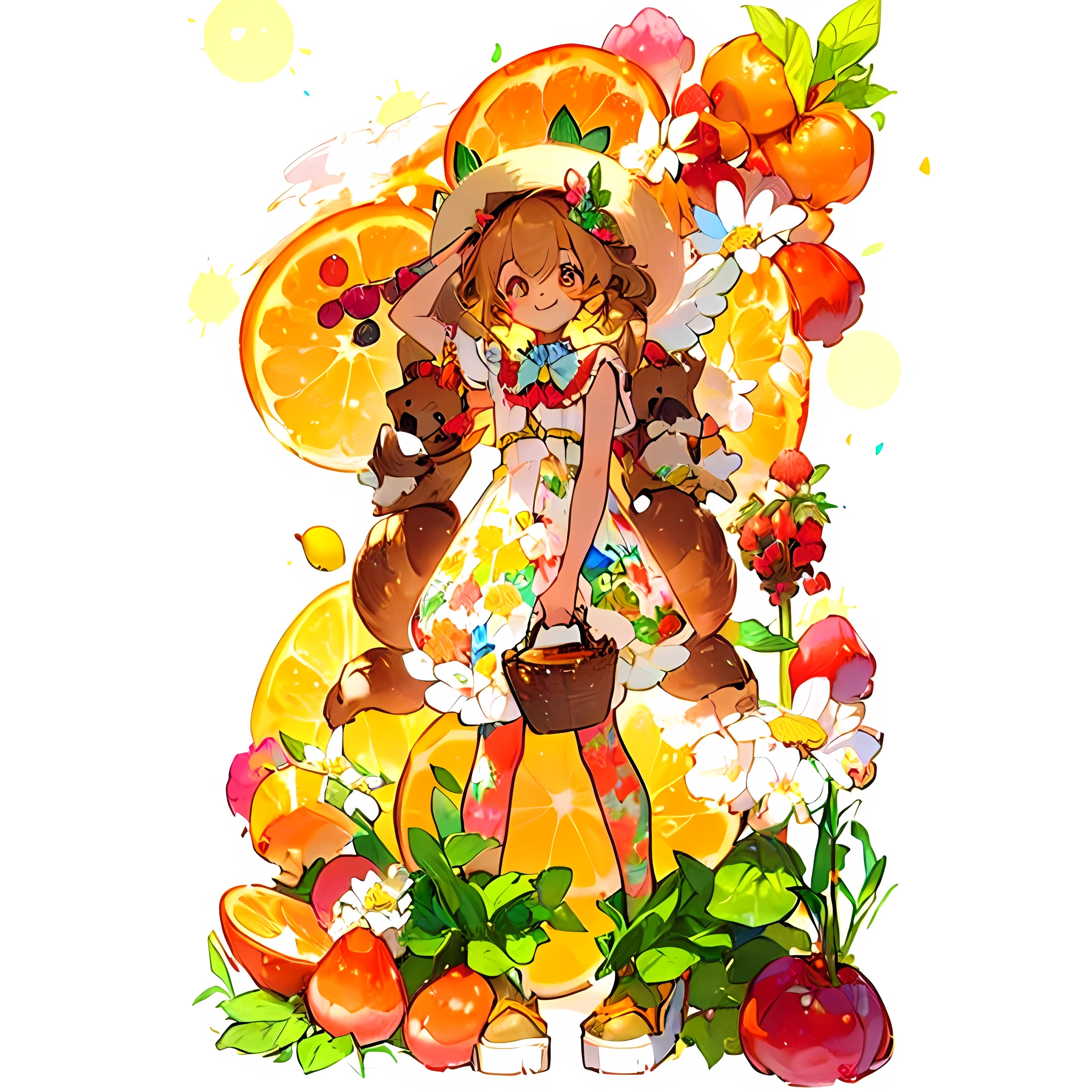 Close-up of a cartoon girl with a basket of fruits, Seasons!! : 🌸 ☀ 🍂 ❄, digital art!!, !!whole body portrait!!, whole body:: sunny weather::, 🐿🍸🍋, ❤🔥🍄🌪, 🍂 Cute, , digital art picture, fluffy orange skin, y 2 k Cutecore clowncore