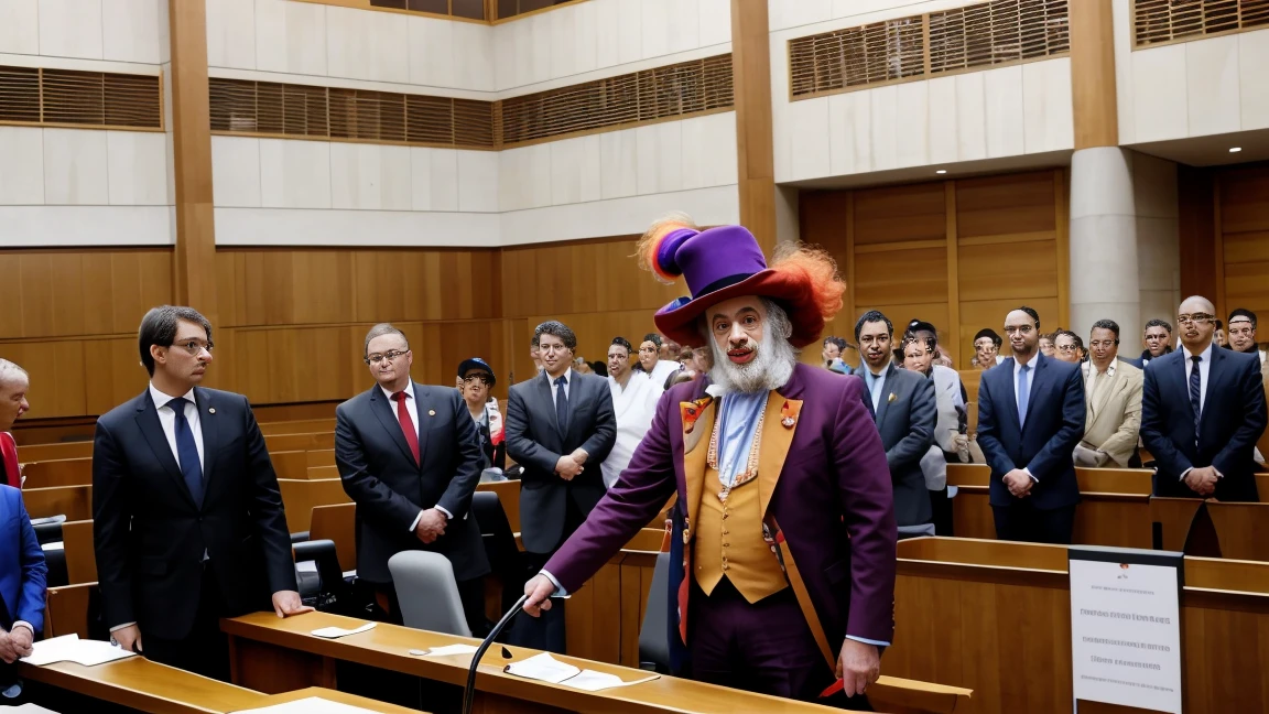 un juge dans un tribunal avec un marteau et une tête de clown , réaliste