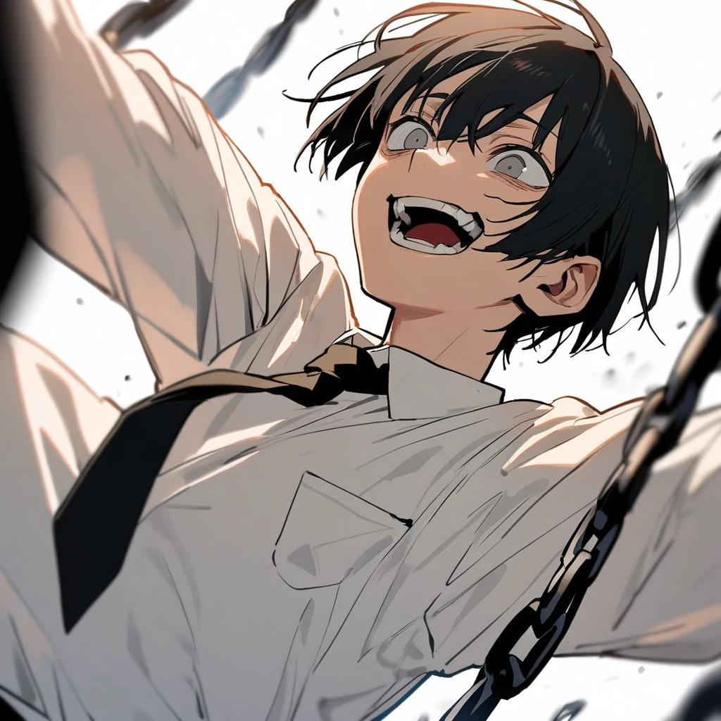 1 14 year old boy in chainsaw man style, short black hair, gray eyes, white blouse with a black tie, Grinning (dentes pontudos), tilted face, dynamic angle,White background