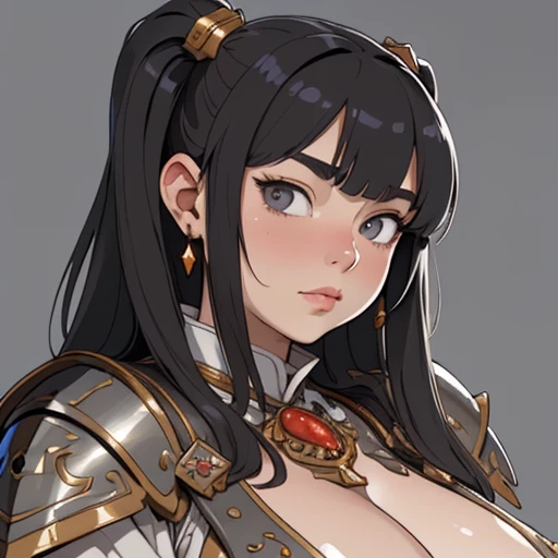 (masterpiece), (best quality),(portrait),(bust up),1girl,solo,(sharp focus),(look at viewer),(hime cut),dwarf girl,dwarf, short twintails ,bangs on eyes,gray eyes,fat ,ancient luxurious long clothes,armor,(simple background),old school fantasy art,super shiny face,Ultra Glossy Skin,huge breasts