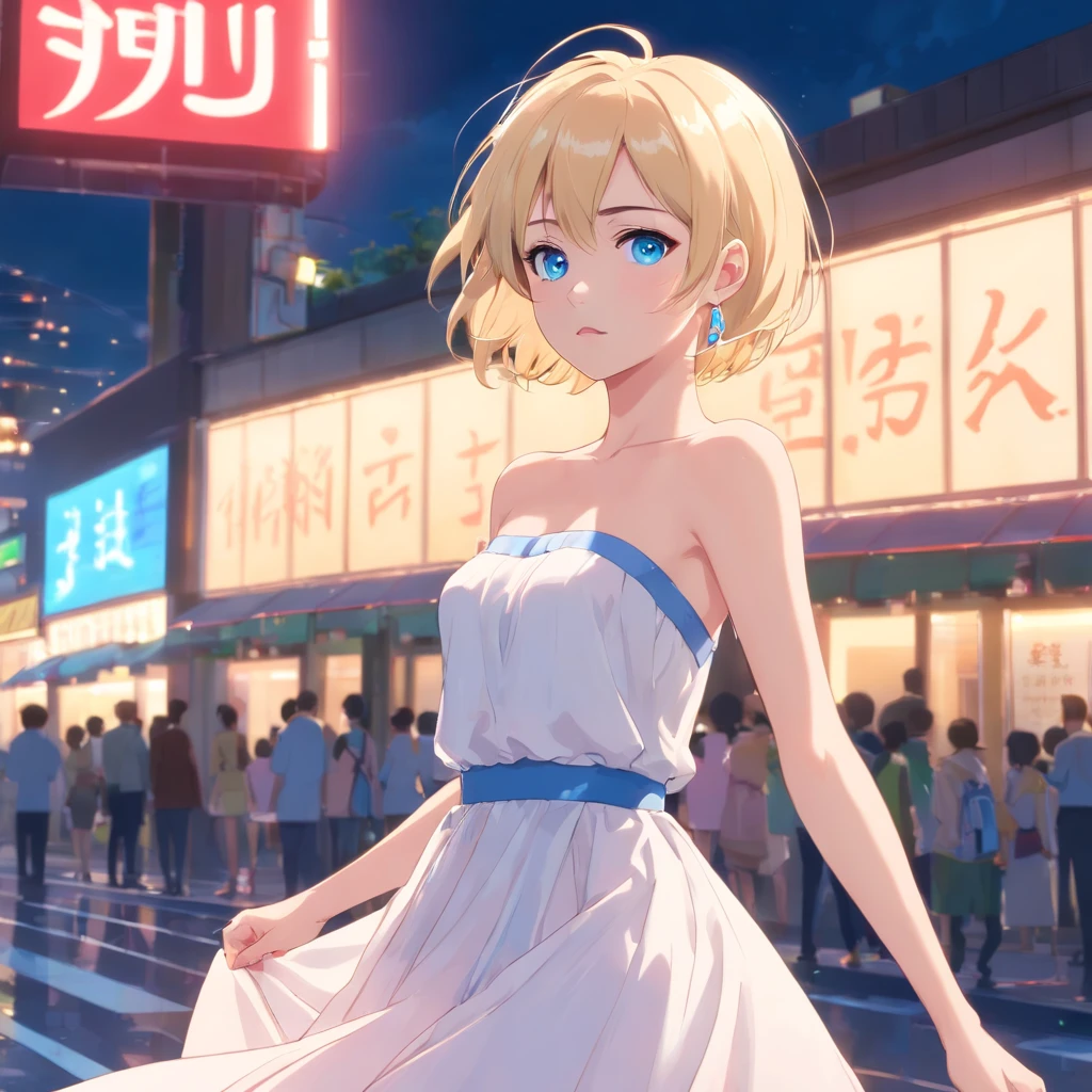 17 years old Women, ((Blonde)), ((Blue eyes)), ((Short hair)), ((Full shot)), very detailed makeup, pale pink lipstick, long earrings, standing in a designer runaway, wearing a soft strapless  white dress and heels, camera flashes shooting over her 