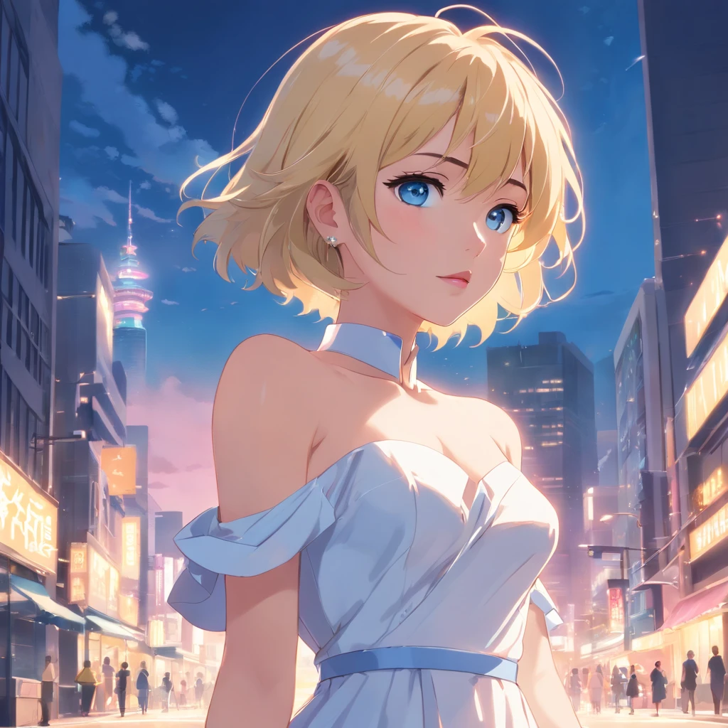 17 years old Women, ((Blonde)), ((Blue eyes)), ((Short hair)), ((Full shot)), very detailed makeup, pale pink lipstick, long earrings, standing in a designer runaway, wearing a soft strapless  white dress and heels, camera flashes shooting over her 