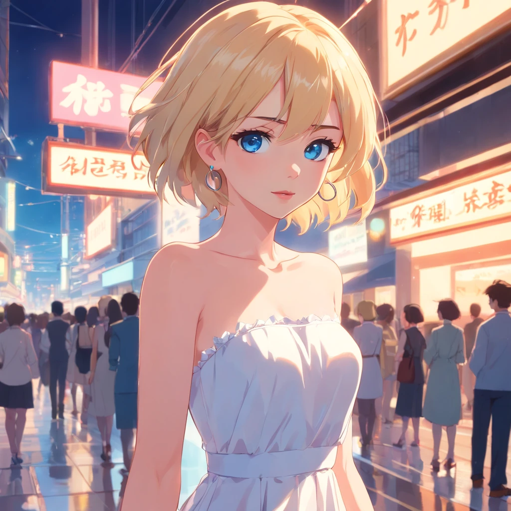 Women, ((Blonde)), ((Blue eyes)), ((Short hair)), ((Full shot)), very detailed makeup, pale pink lipstick, long earrings, standing in a designer runaway, wearing a soft strapless white dress and heels, camera flashes shooting over her