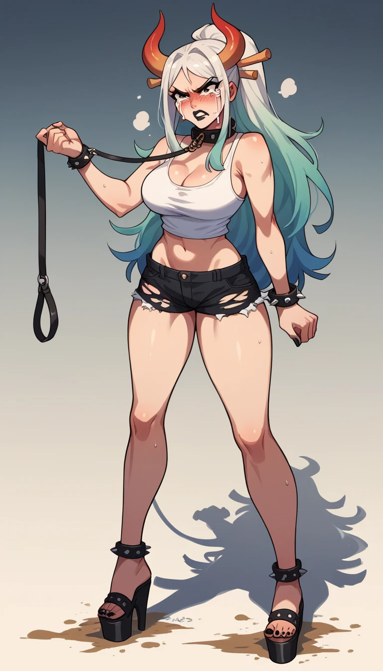 Yamato, open-toe platform heelless high heels, white crop-top, short shorts, cleavage, black lipstick, black eyeliner, black nails, dirt road, countryside, angry, crying, spiked collar, spiked wrist bracelets, leash on collar, spiked ankle bracelets, standing, ripped clothes, blushing 