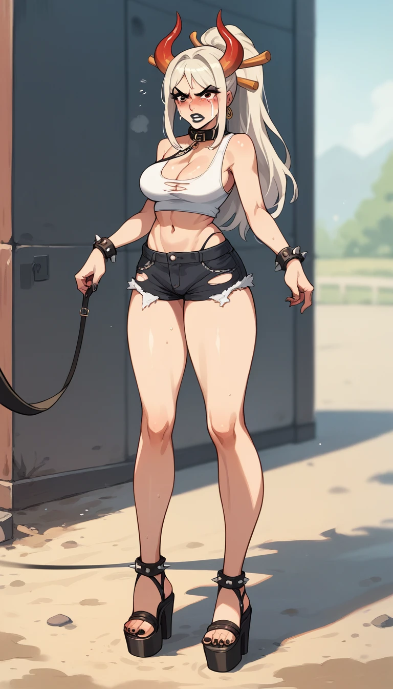 Yamato, open-toe platform heelless high heels, white crop-top, short shorts, cleavage, black lipstick, black eyeliner, black nails, dirt road, countryside, angry, crying, spiked collar, spiked wrist bracelets, leash on collar, spiked ankle bracelets, standing, ripped clothes, blushing 