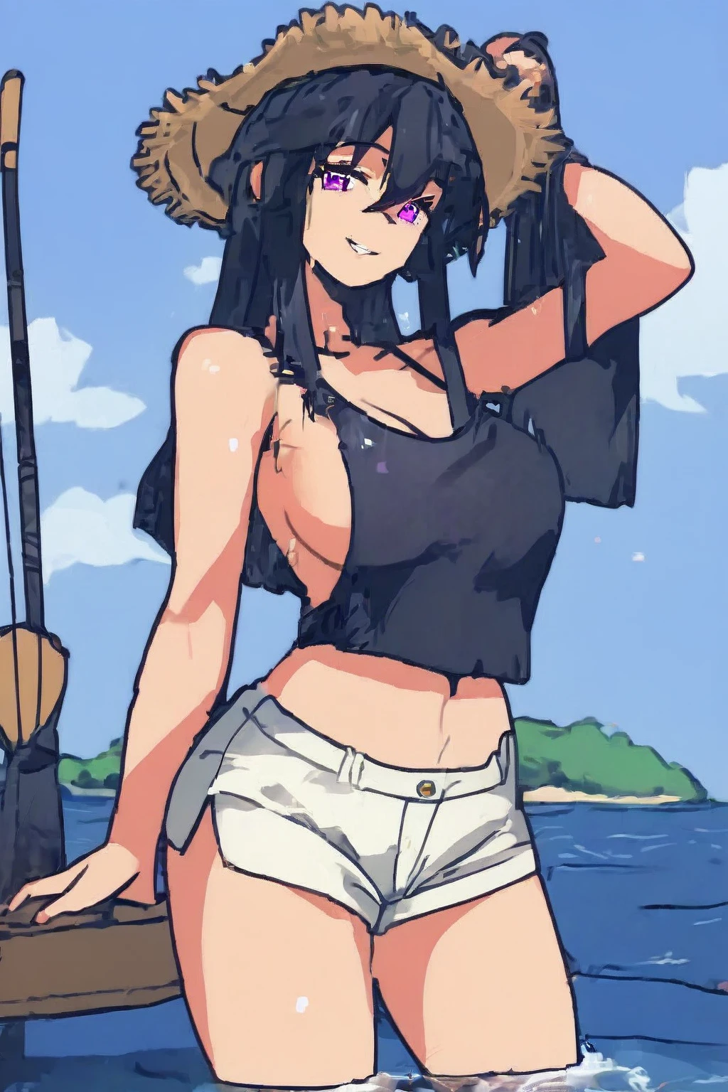 long straight black hair, mature woman, roung breasts, fit body, round ass, white stringer tank top, wet clothes, seethrough, wearing hot pants hentai, inside shore, straw hat, fisher woman, fishing rod, smiling, beautiful, 25 years old, white clothes, manhwa style, purple eyes, elegant woman, ruined noble lady, facing camera, body facing camera, seethrough, sexy, nipples