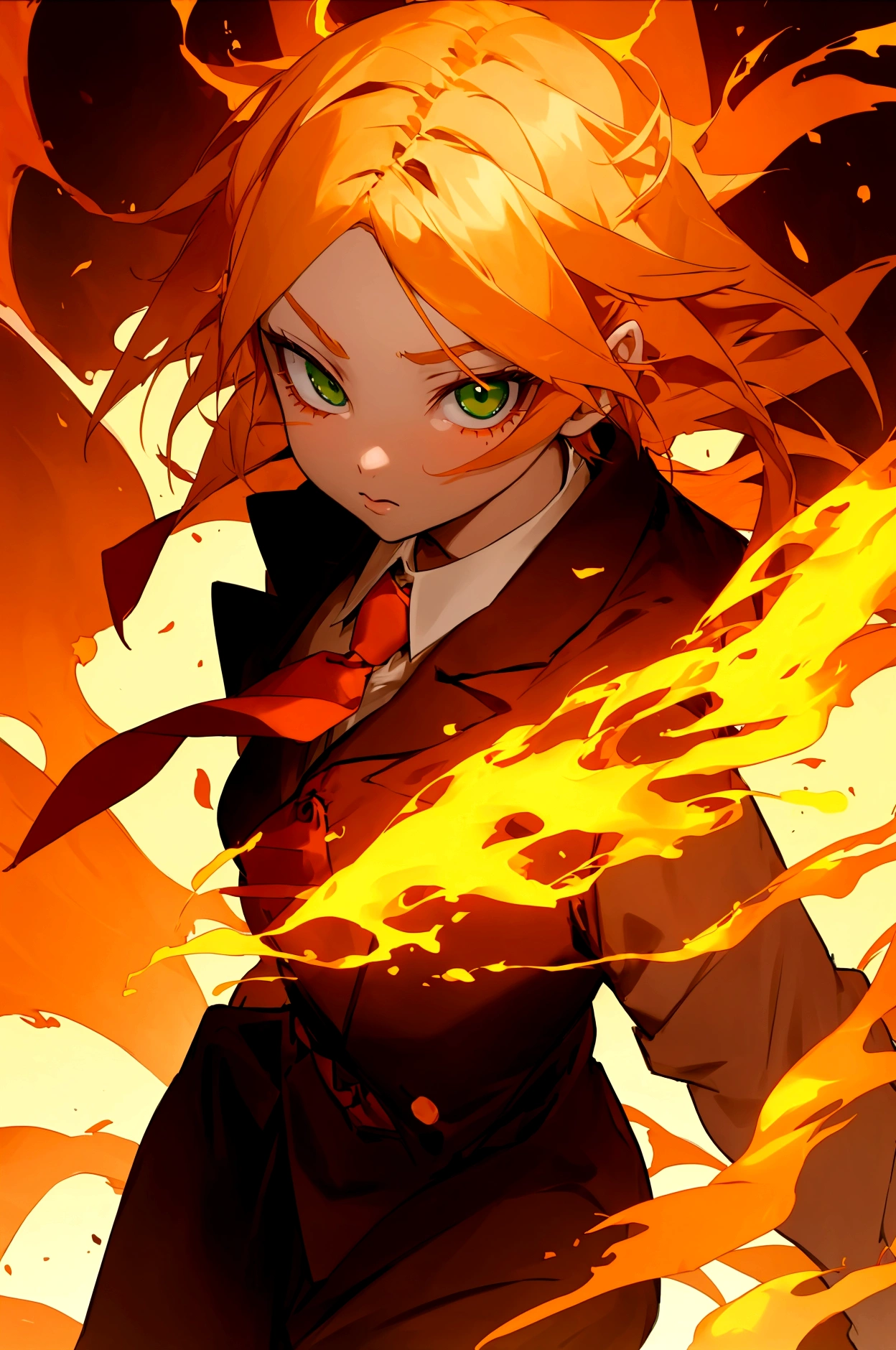 Blonde girl with orange gradient hair、long、Green eyes、Wearing a red tie、Controlling Fire