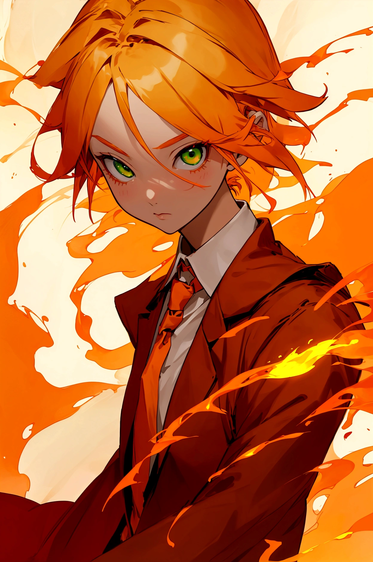 Blonde girl with orange gradient hair、long、Green eyes、Wearing a red tie、Controlling Fire