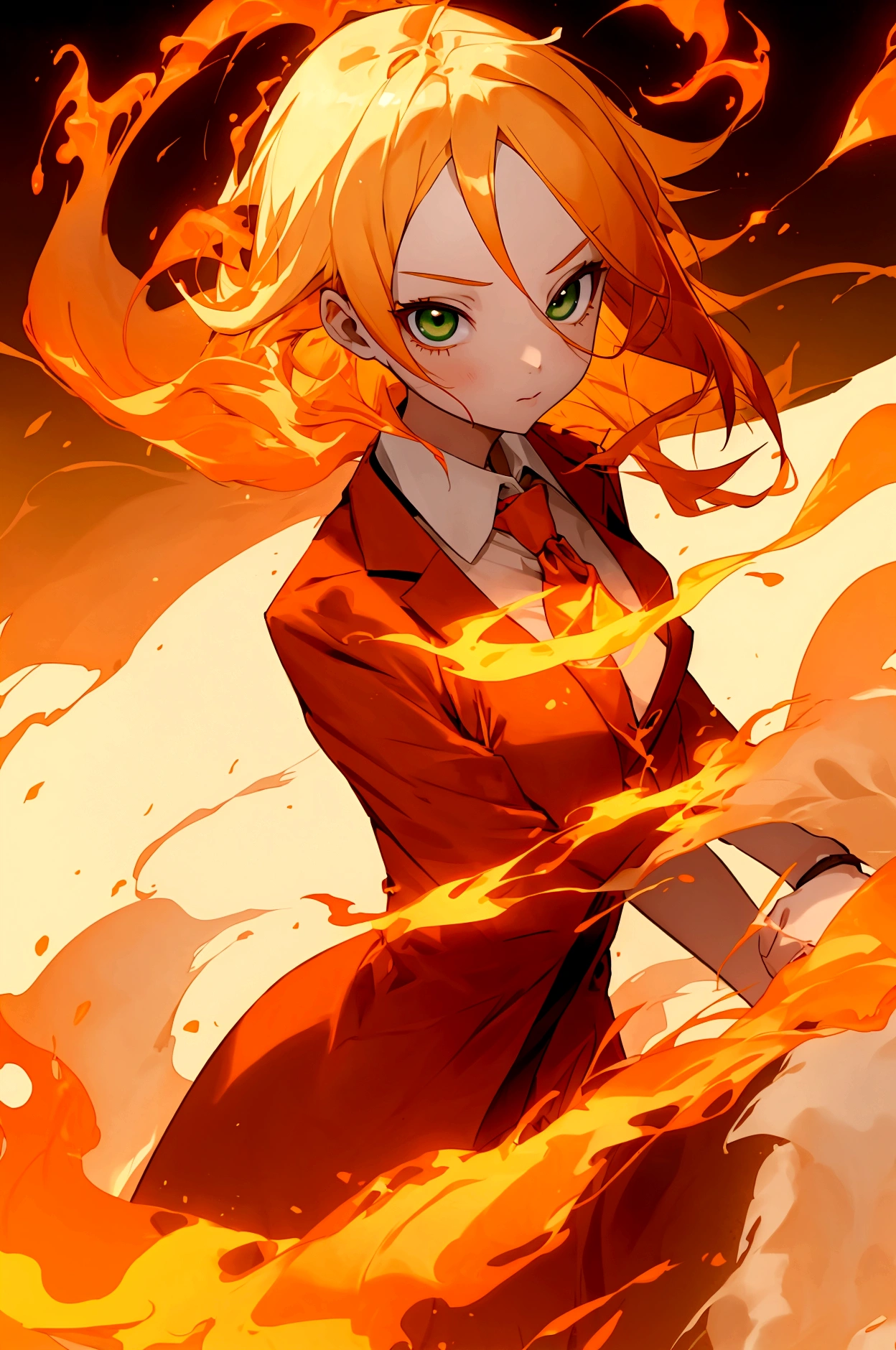 Blonde girl with orange gradient hair、long、Green eyes、Wearing a red tie、Controlling Fire