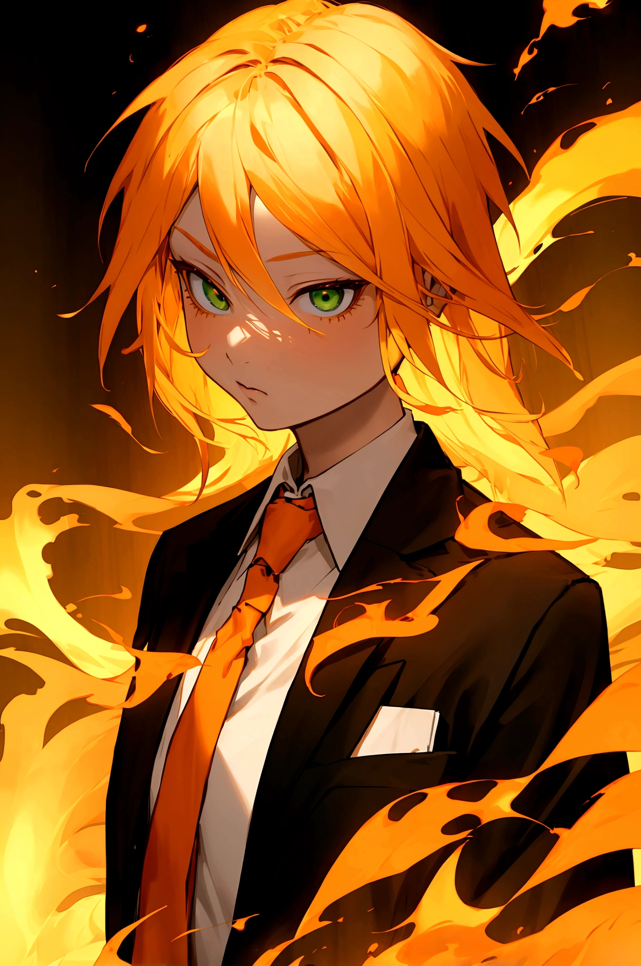Blonde girl with orange gradient hair、long、Green eyes、Wearing a red tie、Controlling Fire
