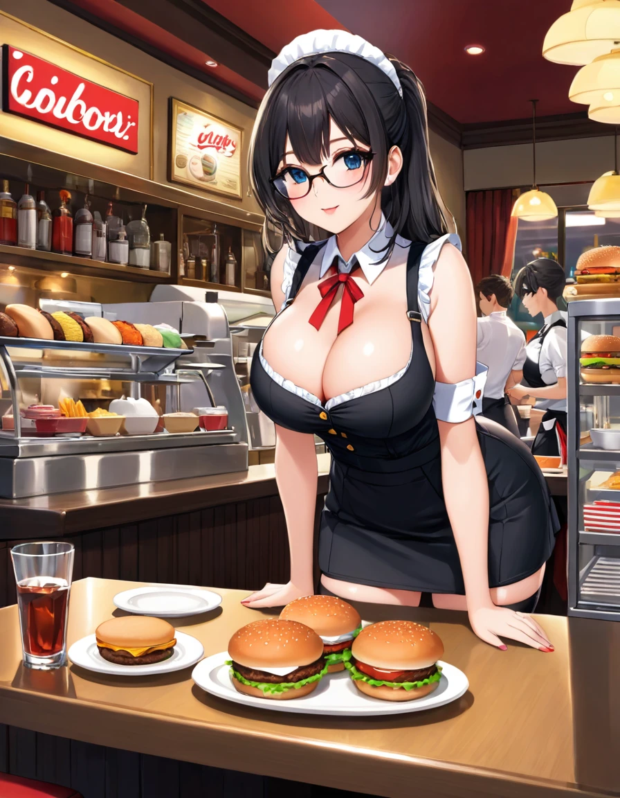 score_9, score_8_up, score_7_up, score_6_up, 1girl, waittess, busty, small waist, wide hips, waitress outfit, stockings, from front, pov, point of view, leaning forward, elbows on table, diner, glasses, strict hair, cleavage, shelf, burger