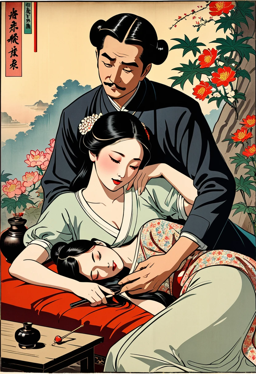 A man is forcing a woman to smoke opium。A man hugs a woman from behind、Holding an opium pipe to a woman&#39;s mouth。She&#39;s already smoked a lot of opium、In her intoxicated state, she is at the mercy of the man.。