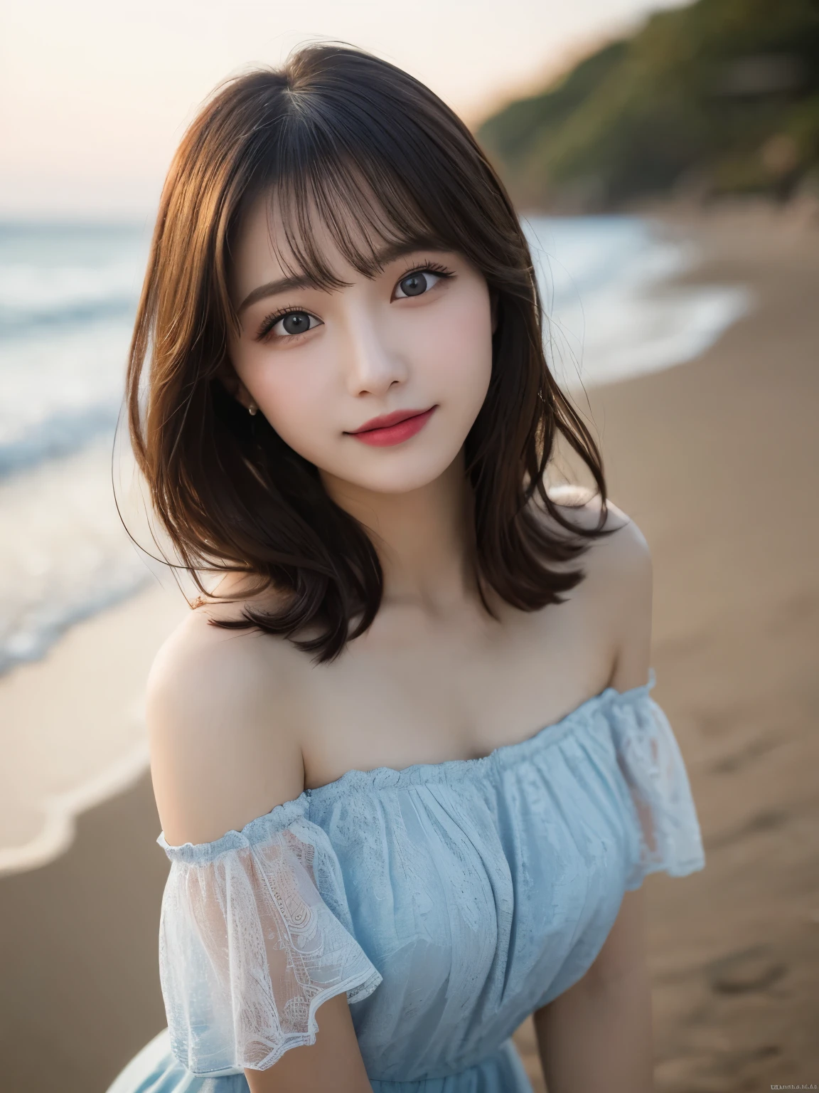 table top, highest quality, shape, Super detailed, finely, High resolution, 8k wallpaper, Perfect dynamic shape, beautiful and detailed eyes, D cup, natural color lip, random sexy pose,smile、20 year old girl、midnight、Beautiful and dense face、perfect and beautiful face,Big eyes、real photos(best image quality),Sheer off-shoulder dress (cream)、looking at camera、Please stand、Do gal makeup,blurred private beach background