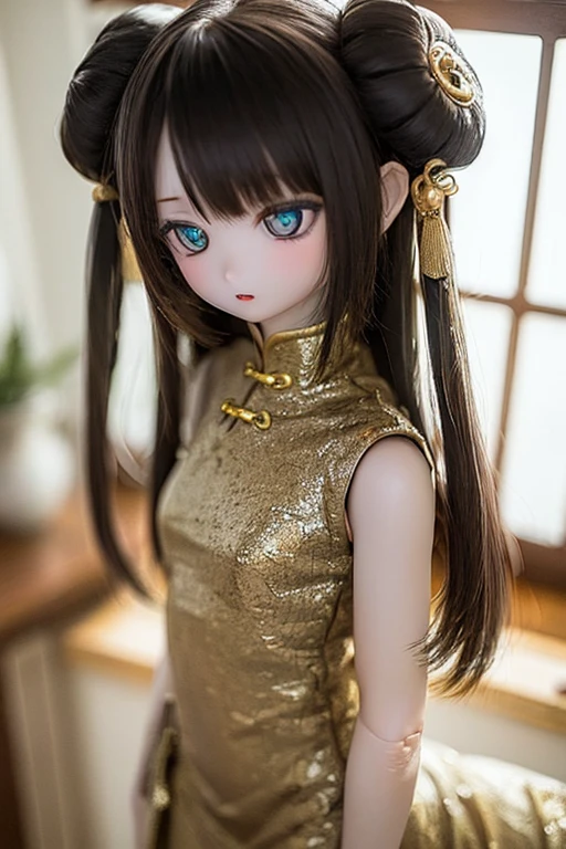 (SFW:2), photorealistic, realistic photo, 8k, ((highest quality)), ((masterpiece)), (extremely detailed), kukolnydom, doll, female, 20yo, 20 years old, solo, ((cowboy shot)), parted lips, green eyes, brown hair, double buns, (plastic skin, looking at another, glass eyes, shining eyes, detailed eyes, detailed face:1.3), china dress, qipao, chinese room