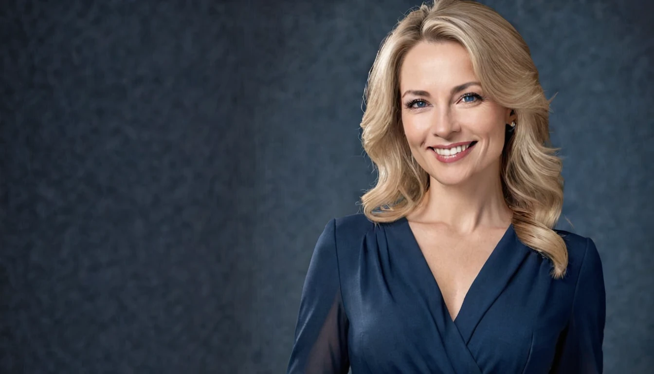 The image is a digital portrait of an adult woman, 42 years old., with blond hair and fair skin., in a meticulously detailed blue sheath dress. Its appearance speaks of careful care.., from her hair to her teeth, radiant polished, Sophisticated Look. She is shown with a slight smile and attentive eyes., focusing slightly to the left of the viewer, making it accessible, but a sharp attitude. The woman looks ready for an important event, What does an elegant outfit indicate?, dark blue background, which matches her dress and overall color palette.... The portrait conveys an atmosphere of calm elegance and professionalism.