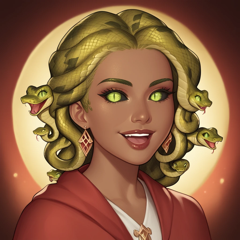 (((beautiful, high quality, perfect eyes, comics style, semi-realistic, detailed face))), bust shoot, score_9, score_8_up, score_7_up, | ((colored sclera, black sclera, slit pupils, scales)), 1girl, (((sn4k3h41r, snake hair))), Very ((dark skin, dark-skinned)), big smile, open mouth, full of happiness, looks so happy, green iris eyes, wide bold lips, wears a red wizard robes over a white linen dress, | (wizard tower, fantasy background, blurred background), digital painting, volumetric lighting, easynegative, JIM EIDOMODE, Dungeons and Dragons 5th edition style illustration,