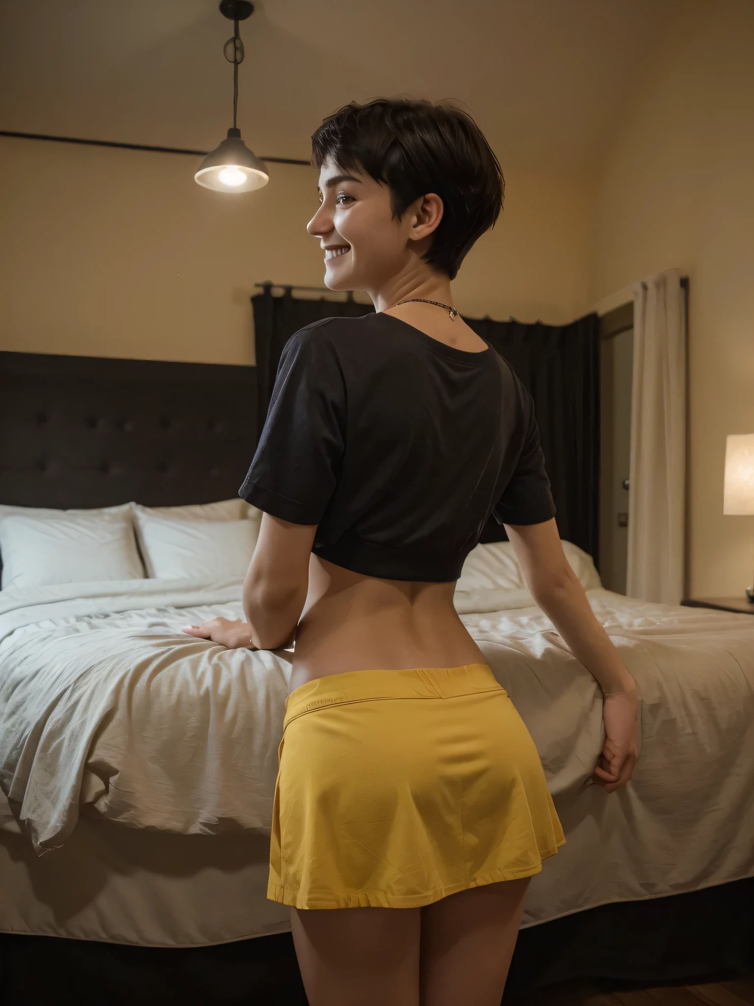 8k, RAW photo, best quality, ultra high resolution, photorealistic, 18 year old slim girl with black purple short undercut haircut, room, night, yellow, smiling, perfect hands, five fingers, skirt, back, bend