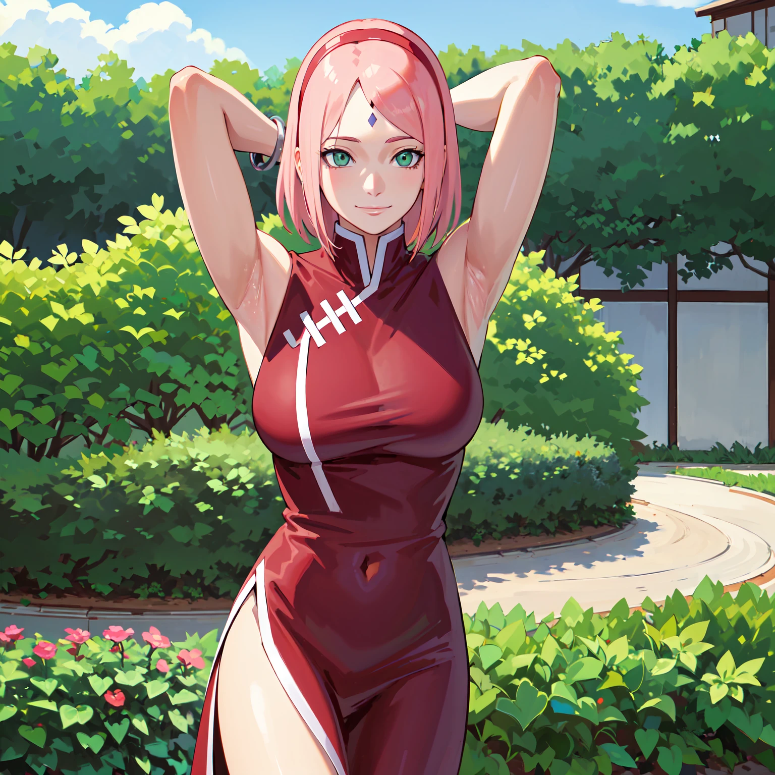 masterpiece, best quality,sharpness,absurdres ,1girl, haruno sakura,forehead mark, red hairband,sleveless red dress, bracelet, looking at viewer, (arms behind head:1.1), smile,, middle large breasts,standing in a garden,arms behind back,closeup,only upperbody
