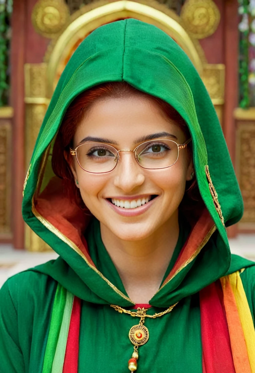 (masterpiece, top quality, Best quality, official art, beautiful and aesthetically pleasing:1.2),whole body, 1 smiling girl, A priestess, short red hair, green eyes, wire frame glasses, , split, (green revealing robe, gold trim), (Green hood:1.2), extremely detailed, Colorful, perfect face, upper body, HDR, (Light Stripes), stunning visual effects, bright colors, temple background. Photorealism. Unreal engine. 3d model. Ultra high quality textures