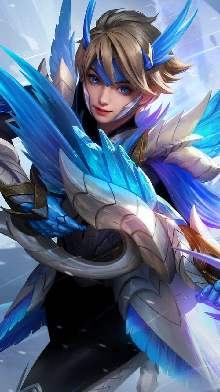 Upscale and enhance the quality of the photo. Make the details and textures on the costume and weapon sharper and more realistic. Ensure the bright colors and fantasy elements remain prominent, but add a touch of realism to the face and other features to make the character look more lifelike. Detailing the eyes, detailing the hair, detailing the color, more detailing, smooth the face, make the face little bit korean, 18 y.o, detailing, more detailing