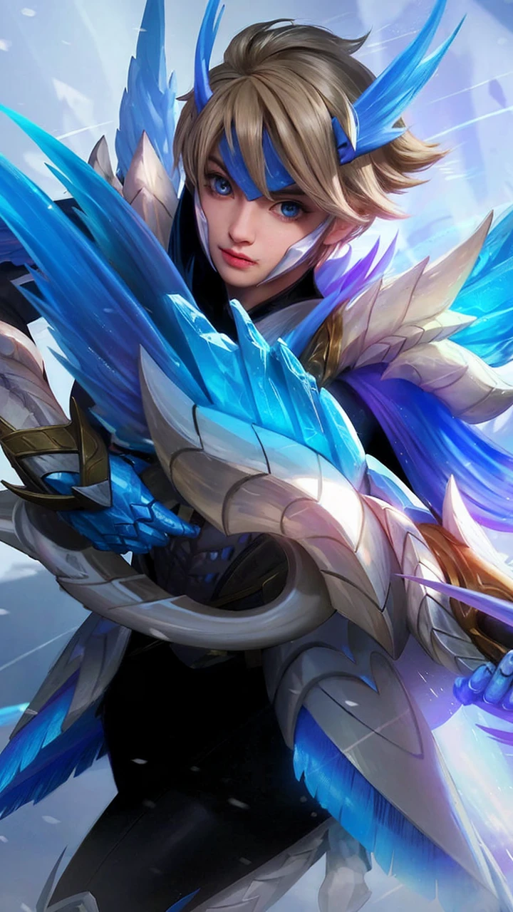 Upscale and enhance the quality of the photo. Make the details and textures on the costume and weapon sharper and more realistic. Ensure the bright colors and fantasy elements remain prominent, but add a touch of realism to the face and other features to make the character look more lifelike. Detailing the eyes, detailing the hair, detailing the color, more detailing, smooth the face, make the face little bit korean, 18 y.o, detailing, more detailing