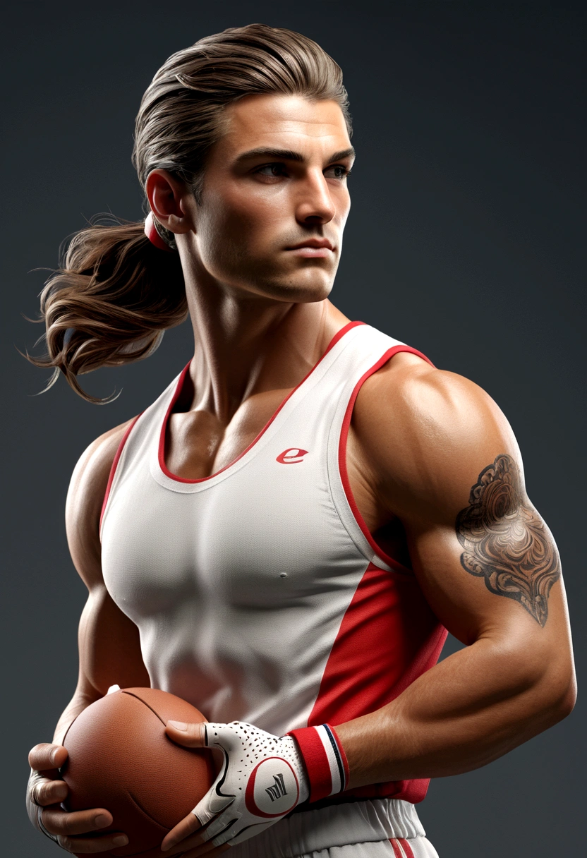 a muscular female athlete, athletic body, strong muscles, running pose, dynamic motion, outdoor sports field, blue sky, sunlight, sweat, determination, sports equipment