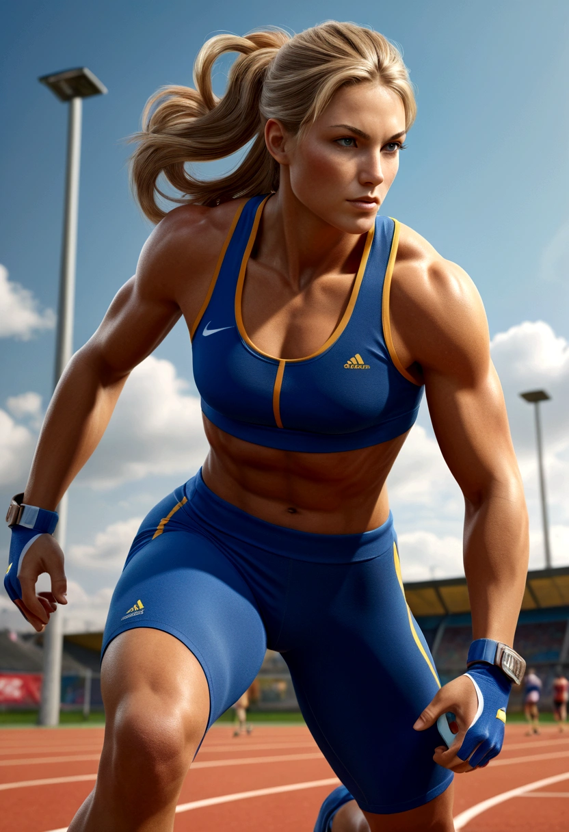 a muscular female athlete, athletic body, strong muscles, running pose, dynamic motion, outdoor sports field, blue sky, sunlight, sweat, determination, sports equipment