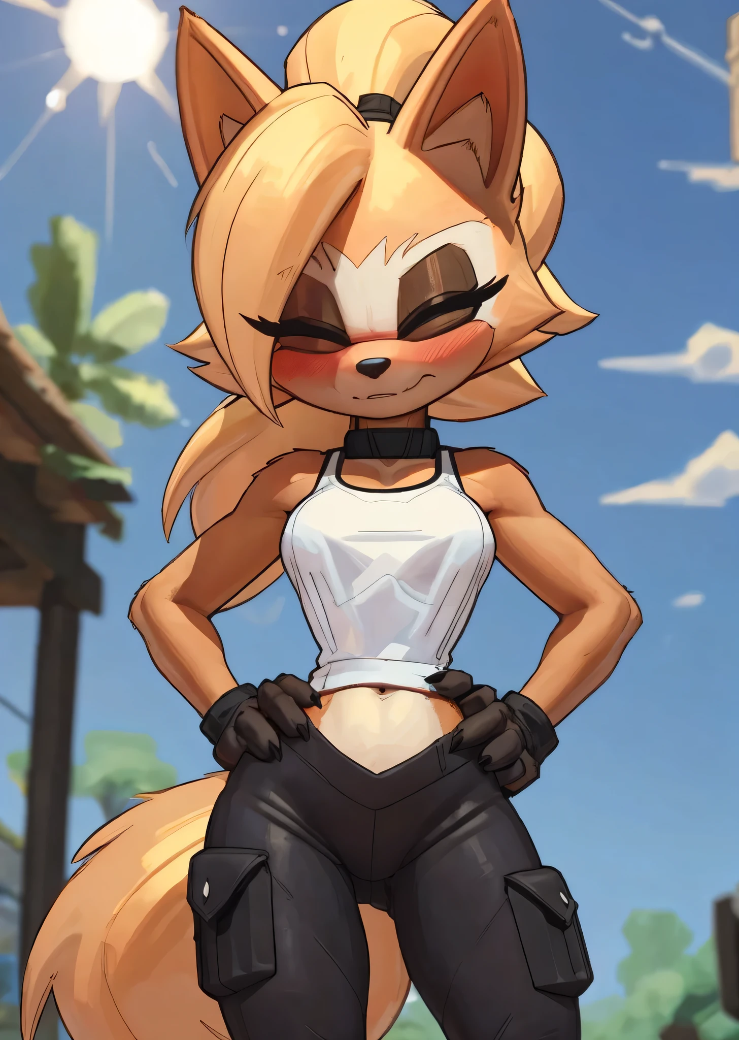 [whisper the wolf], [sonic the hedgehog], [Uploaded to e621.net; (Pixelsketcher), (wamudraws), (napalm_express)), ((masterpiece)), ((HD)), ((solo portrait)), ((front view)), ((low angle view)), ((waist up)), ((detailed fur)), ((detailed shading)), ((cel shading)), ((beautiful render art)), ((intricate details)), {anthro, (slim figure), (beige fur), black nose, (wolf ears), (both eyes closed), (dark brown eyeshadow), long eyelashes, (long blonde ponytail), (fluffy wolf tail), (sharp black claws), (curvy hips), (detailed v-line), (beautiful legs), (blushing), (black expression)}, {(white short sleeve tee shirt), (navel), (lowrise black yoga pants)}, {(standing), (hands on hips), (looking at viewer)}, [ambient lighting, park, sun rays, sunrise]