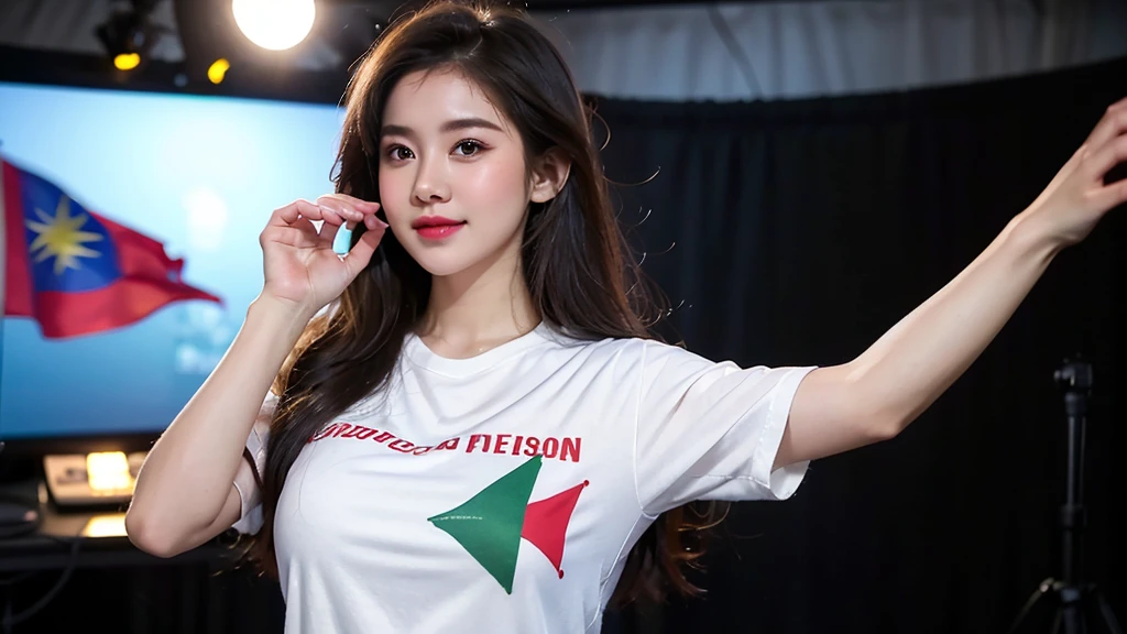 high-definition images, atmospheric perspective, 8k, super detail, accurate, best quality, studio portraits shoot ,a woman singer,drooping eyes,l, blush, in the studio, model for photoshoot, posing , studio scene background, dark , flashlight on , ((bo bc hair)), Vietnam flag shirt