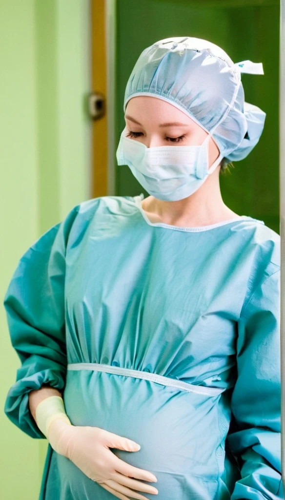 score_9,  score_8_up, score_7_up, masterpiece, highest quality, raw image, pale skin, shy eyes, cover the ears, , surgical mask, surgical cap, long sleeve surgical gown, pregnant with big belly, 
1 girl, pregnant, solo, long rubber gloves, frown,  standing, in one hospital, in the operating room,