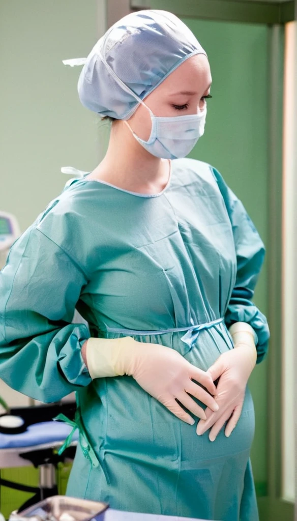 score_9, score_8_up, score_7_up, masterpiece, highest quality, raw image, pale skin, shy eyes, cover the ears, big breasts, surgical mask, surgical cap, long sleeve surgical gown, pregnant with big belly,
1 girl, pregnant, solo, long rubber gloves, frown, standing, in one hospital, in the operating room,