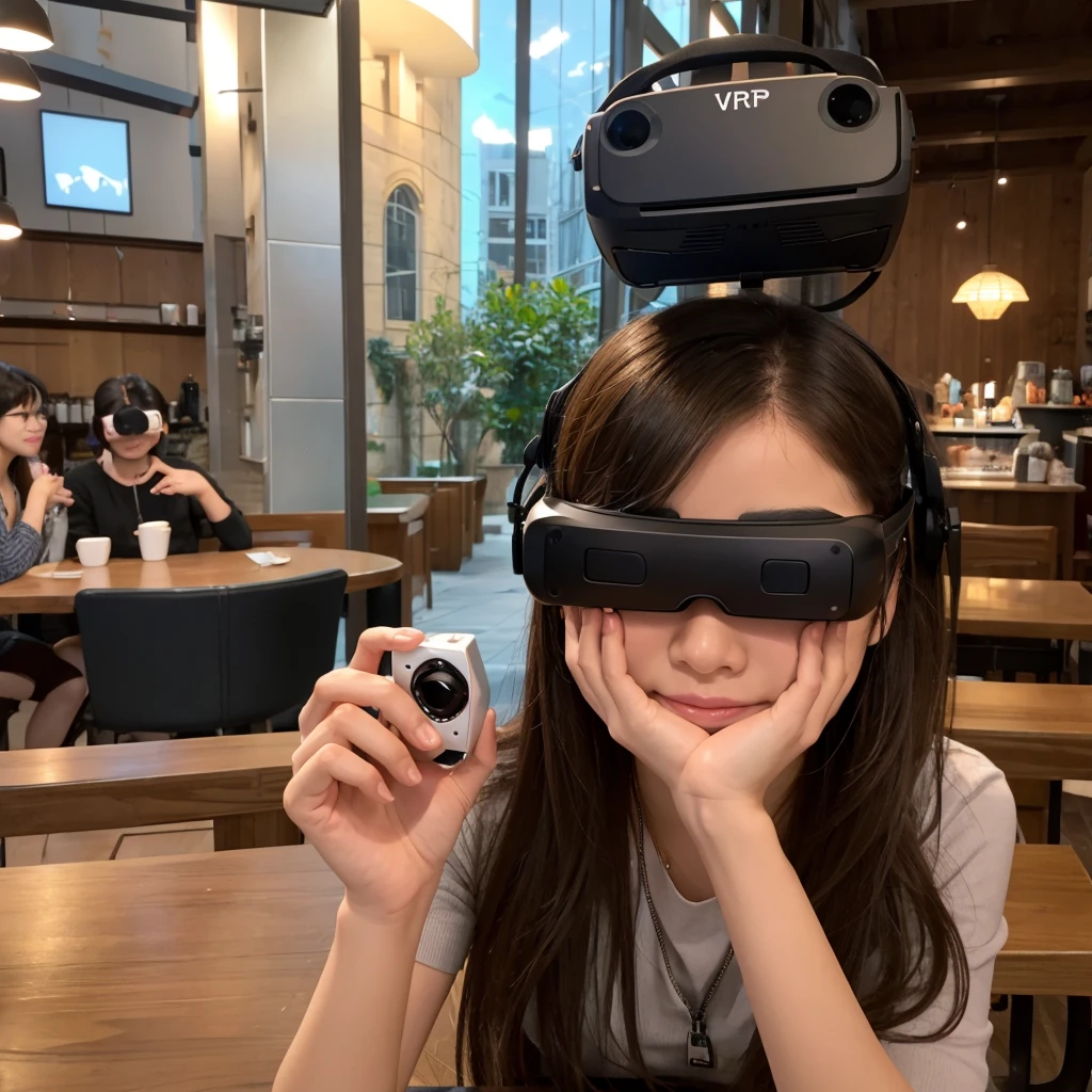 At a cafe, I put on the Apple Vision Pro VR goggles and talk to my friends who have been turned into 3D avatars.