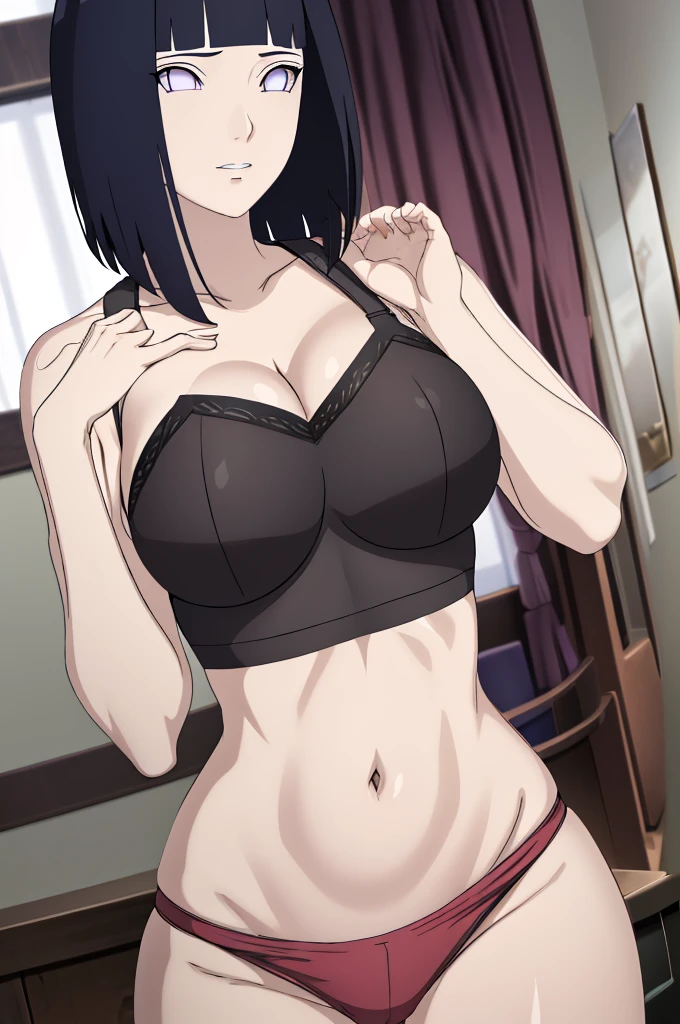masterpiece, absurdres , (intricate details), (colorful),cinematic lighting,extremely detailed CG unity 8k wallpaper ,hinata\(boruto\), 1girl,solo, large breasts, (hinata, hyuuga hinata, purple eyes, blunt bangs, black hair) big breasts, perfect breasts, large breasts, round breasts, sexy body, slim waist, nice hips, skinny, nice thighs, black bra, cleavage, bare shoulders, collarbone, tight bra, underboob, slim waist, red bikini, hands behind head, full body shot, background, photoshoot, white backdrop, perfect eyes, glowing eyes, beautiful eyes