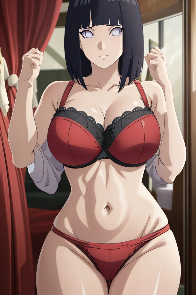masterpiece, absurdres , (intricate details), (colorful),cinematic lighting,extremely detailed CG unity 8k wallpaper ,hinata\(boruto\), 1girl,solo, large breasts, (hinata, hyuuga hinata, purple eyes, blunt bangs, black hair) big breasts, perfect breasts, large breasts, round breasts, sexy body, slim waist, nice hips, skinny, nice thighs, black bra, cleavage, bare shoulders, collarbone, tight bra, underboob, slim waist, red bikini, hands behind head, full body shot, background, photoshoot, white backdrop, perfect eyes, glowing eyes, beautiful eyes