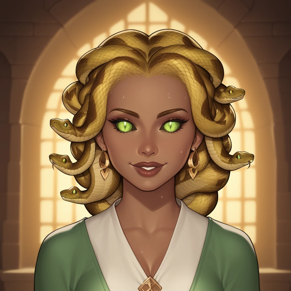 (((beautiful, high quality, perfect eyes, comics style, semi-realistic, detailed face))), bust shoot, score_9, score_8_up, score_7_up, | ((colored sclera, black sclera, slit pupils, scales)), 1girl, (((sn4k3h41r, snake hair))), Very ((dark skin, dark-skinned)), horny face, desire, sweat, green eyes, closeup, attractive smile, (heart shape lips), thin summer dress, | (wizard tower, fantasy background, blurred background), digital painting, volumetric lighting, easynegative, JIM EIDOMODE, Dungeons and Dragons 5th edition style illustration,