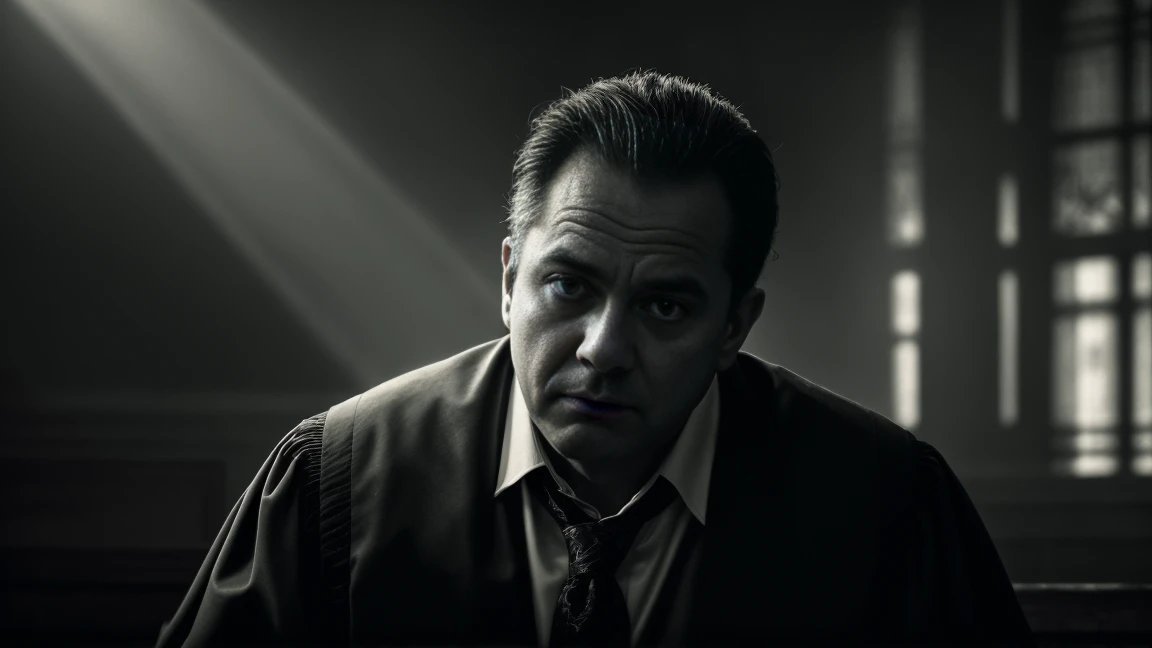a judge in a courtroom with a hammer and a clown head, realistic, hyperrealistic, 8k, ultra-detailed, highly realistic, realistic lighting, intricate details, dramatic shadows, intense colors, cinematic composition, photorealistic, studio lighting, sharp focus, physically-based rendering, extreme detail description, professional, vivid colors, bokeh, oil painting, dramatic chiaroscuro, moody atmosphere, surreal, unsettling, uncanny