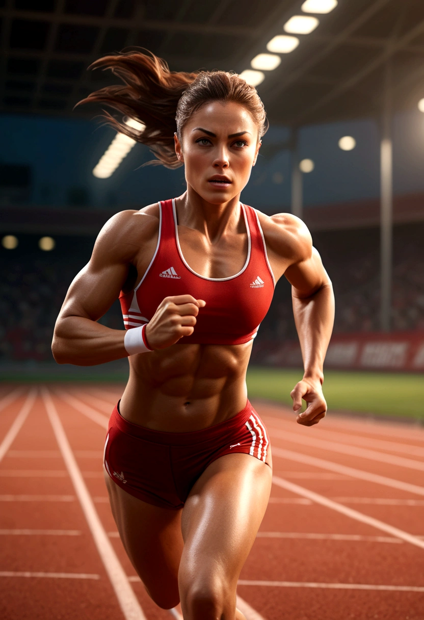 a muscular female athlete, athletic body, strong muscles, running pose, dynamic motion, outdoor sports field, blue sky, sunlight, sweat, determination, sports equipment