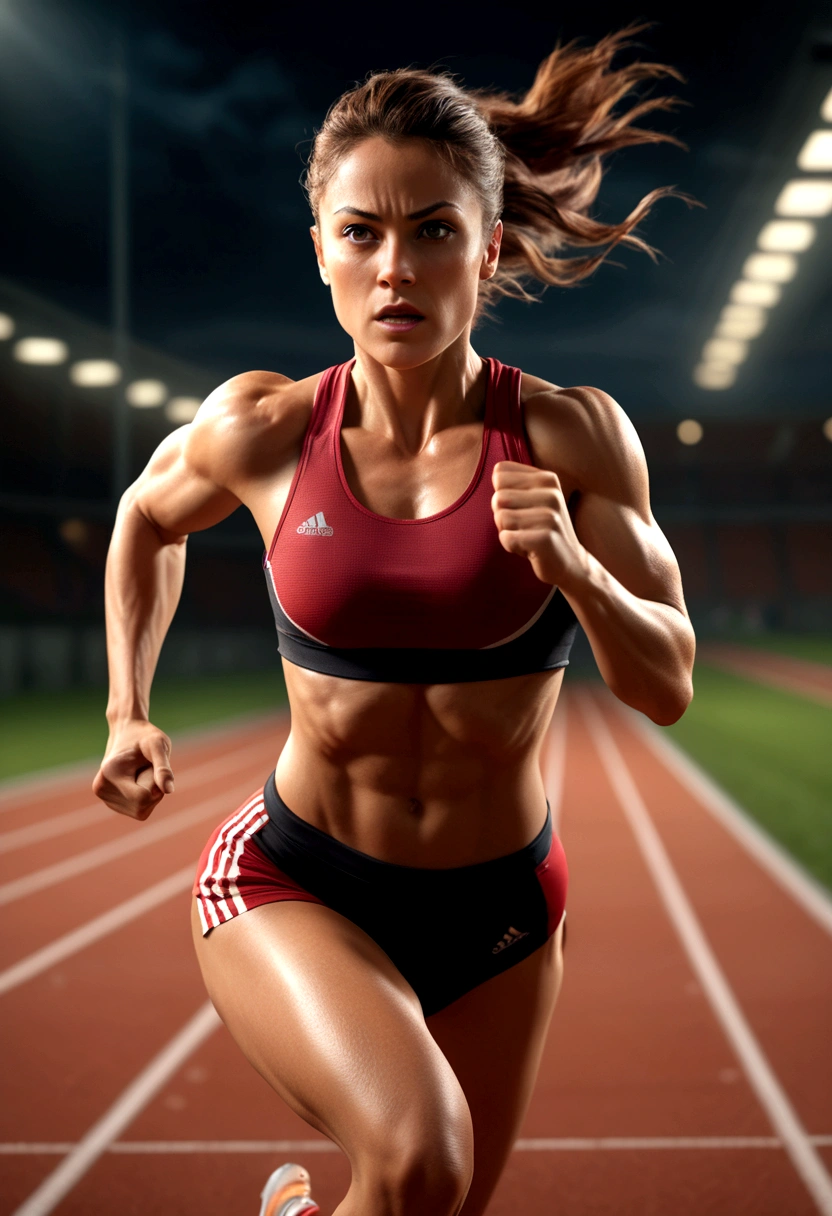 a muscular female athlete, athletic body, strong muscles, running pose, dynamic motion, outdoor sports field, blue sky, sunlight, sweat, determination, sports equipment