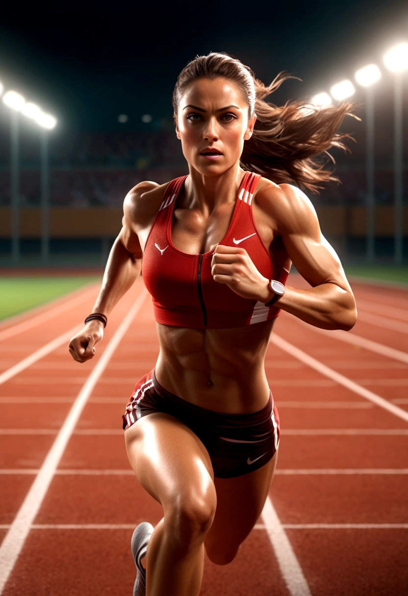 a muscular female athlete, athletic body, strong muscles, running pose, dynamic motion, outdoor sports field, blue sky, sunlight, sweat, determination, sports equipment