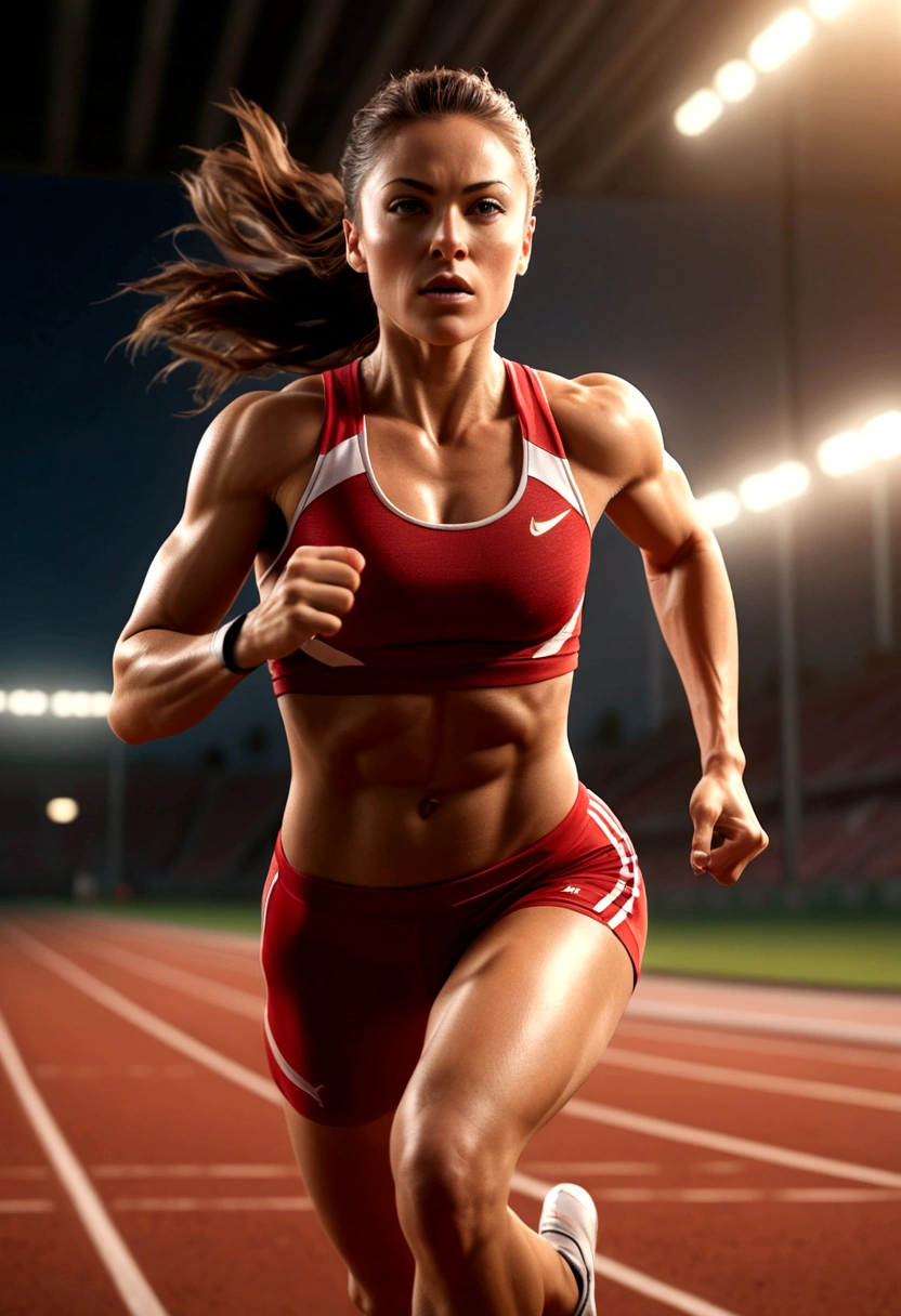 a muscular female athlete, athletic body, strong muscles, running pose, dynamic motion, outdoor sports field, blue sky, sunlight, sweat, determination, sports equipment