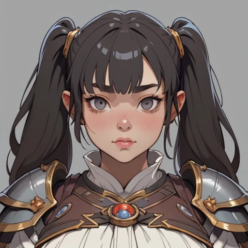 (masterpiece), (best quality),(portrait),(bust up),1girl,solo,(sharp focus),(look at viewer),(hime cut),dwarf girl,dwarf, short twintails ,bangs on eyes,gray eyes,(fat) ,ancient luxurious long clothes,armor,(simple background),old school fantasy art,super shiny face,Ultra Glossy Skin,huge breasts
