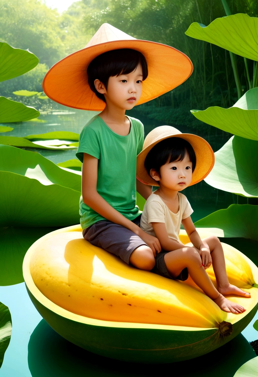 Vision，Hot summer，Two children sitting on a giant Mango-shaped boat，Back，Wear a sun hat，Fundo verde claro，Summer elements，Lotus Pond，A hot, sunny day in midsummer，Comic Style，Fresh and beautiful atmosphere