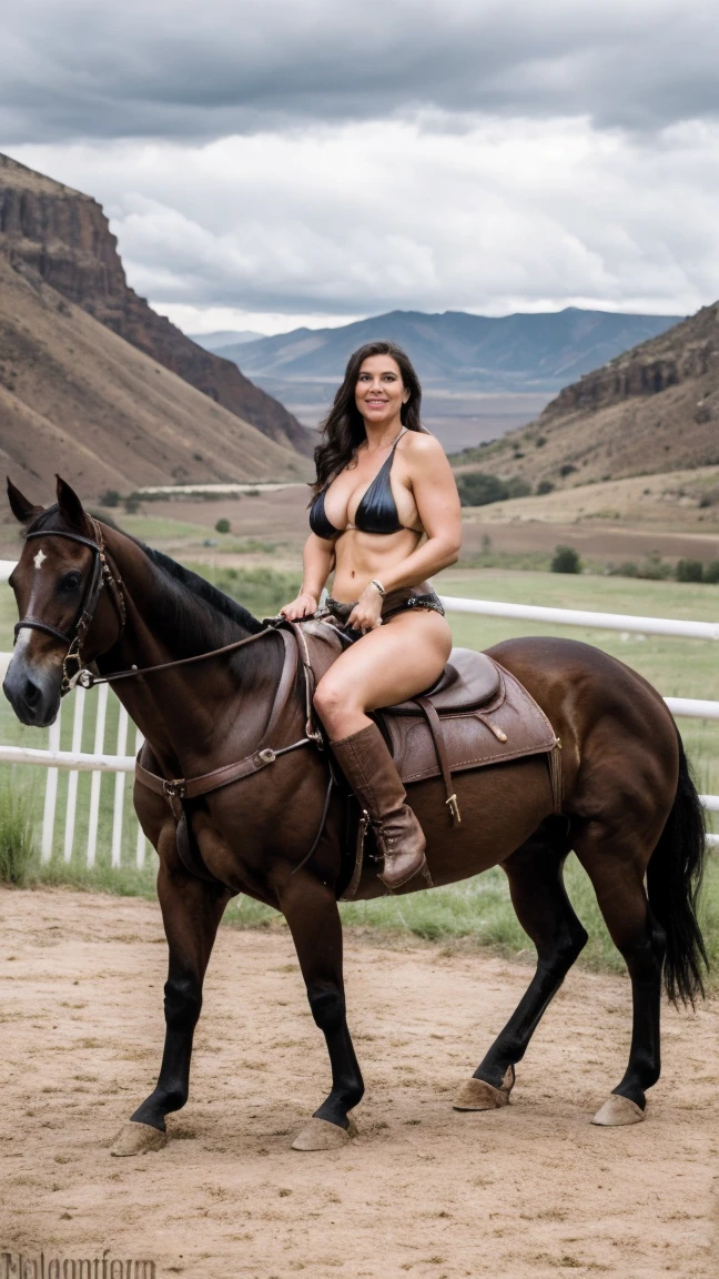 Raining, pouring down Solo milf, cowgirl at western, hot fleshy cougar, leather bikini top, leather hotpants with cowboy belt, cowboy boots, fullbody pose, revolver holster on thigh, surrounded by wildwest canyon view vibe while riding a stallion-horse with impressive huge horse cock),BREAK, (masterpiece),(best quality),(masutaa piisu),BREAK, the horse is displaying its huge horse-penis,must generate horse cock for the stallion-horse, riding on a horse, cloudy dark sky, raining, 