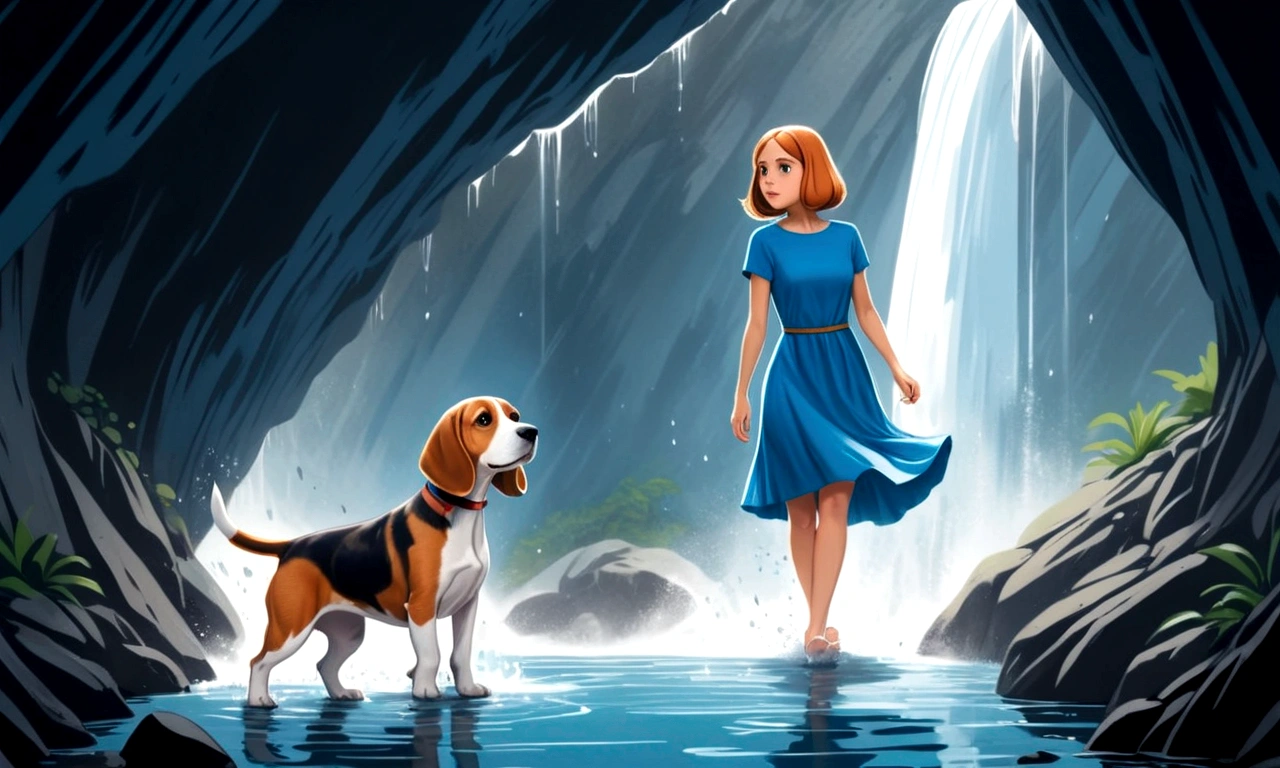 Illustrate her in a blue dress and a beagle entering a cave hidden behind a waterfall.