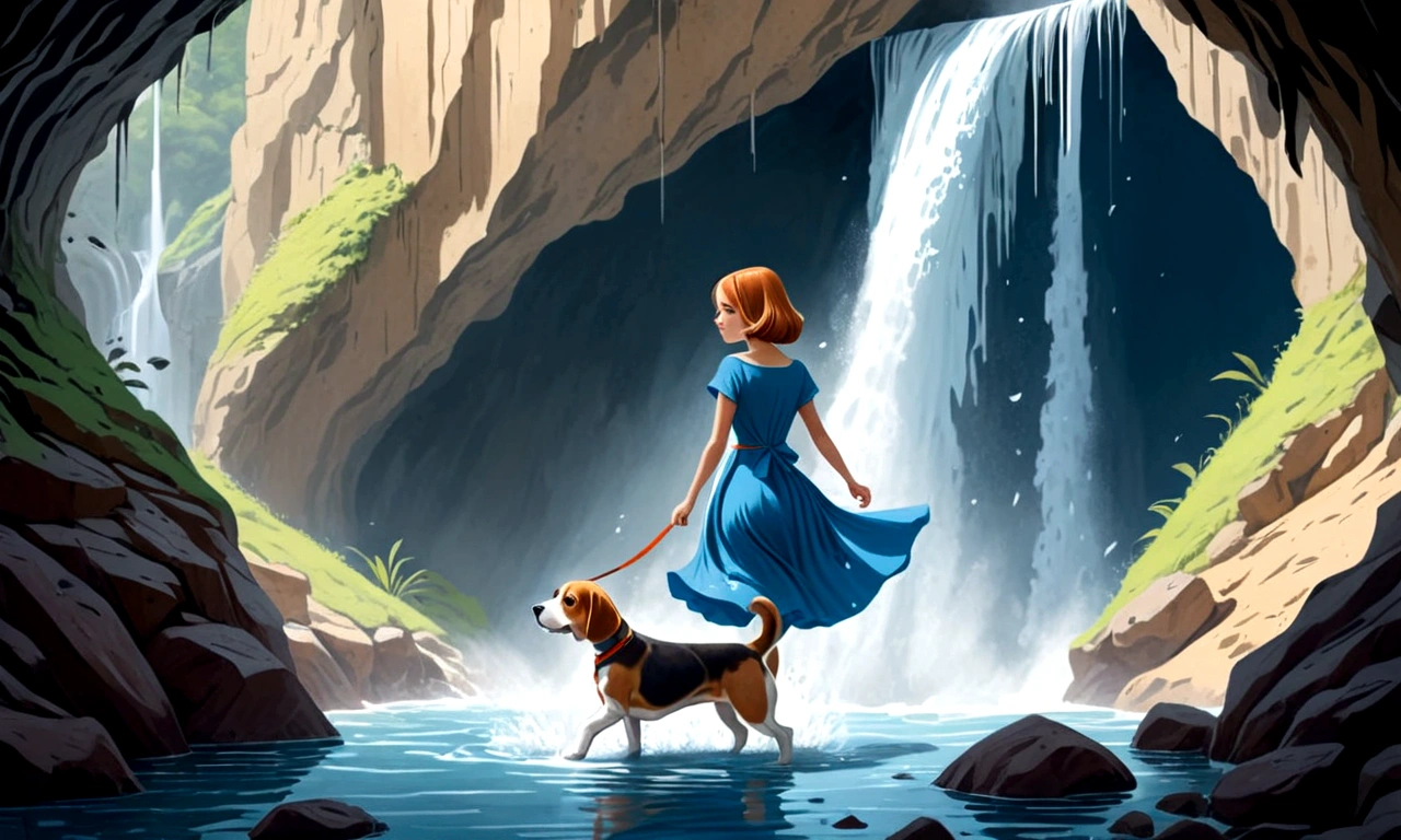 Illustrate her in a blue dress and a beagle entering a cave hidden behind a waterfall.